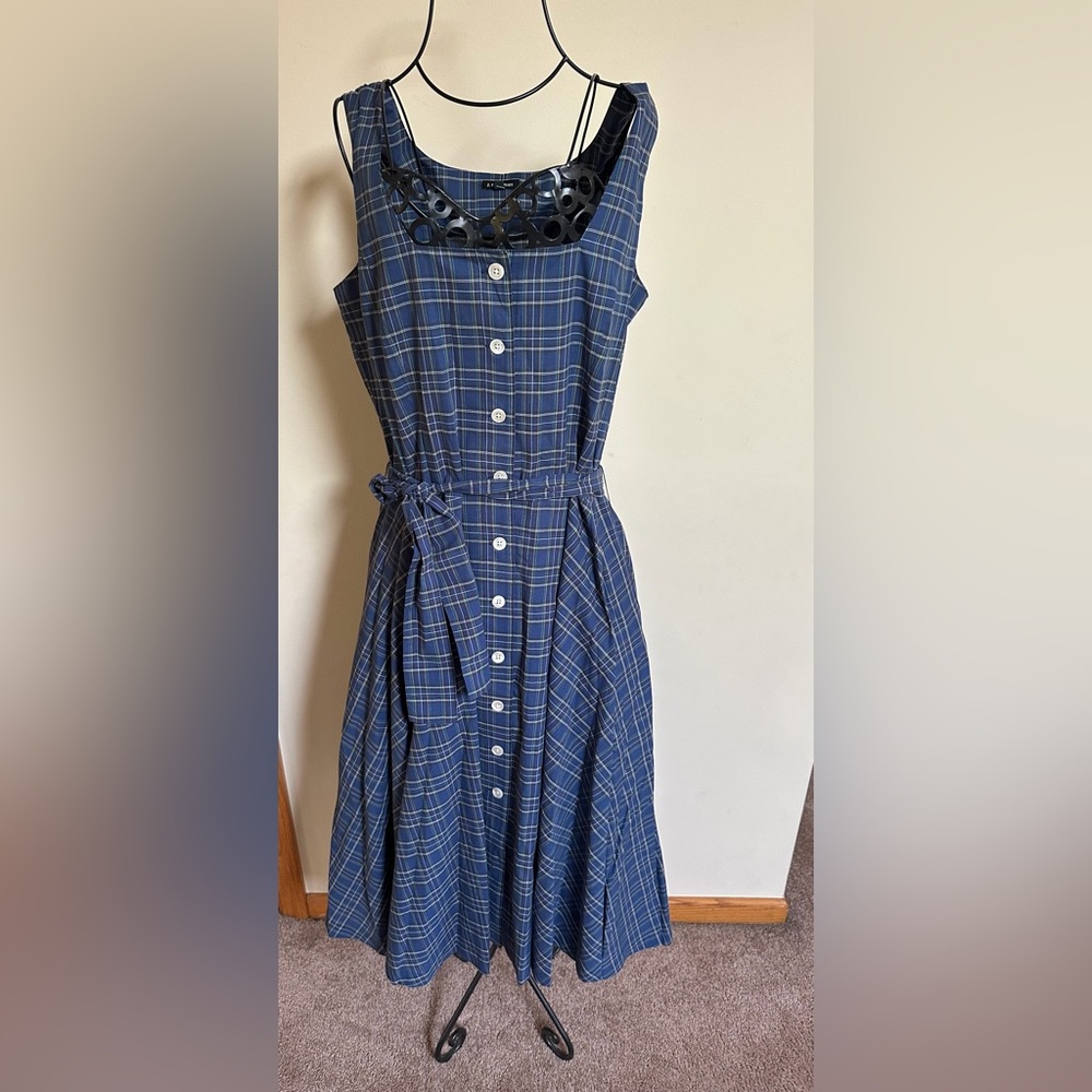J. Peterman Navy Plaid Midi Dress